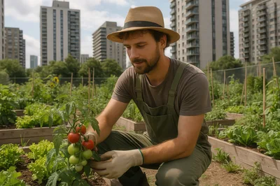 Young Man Gardening Tomatoes In Urban Community Garden