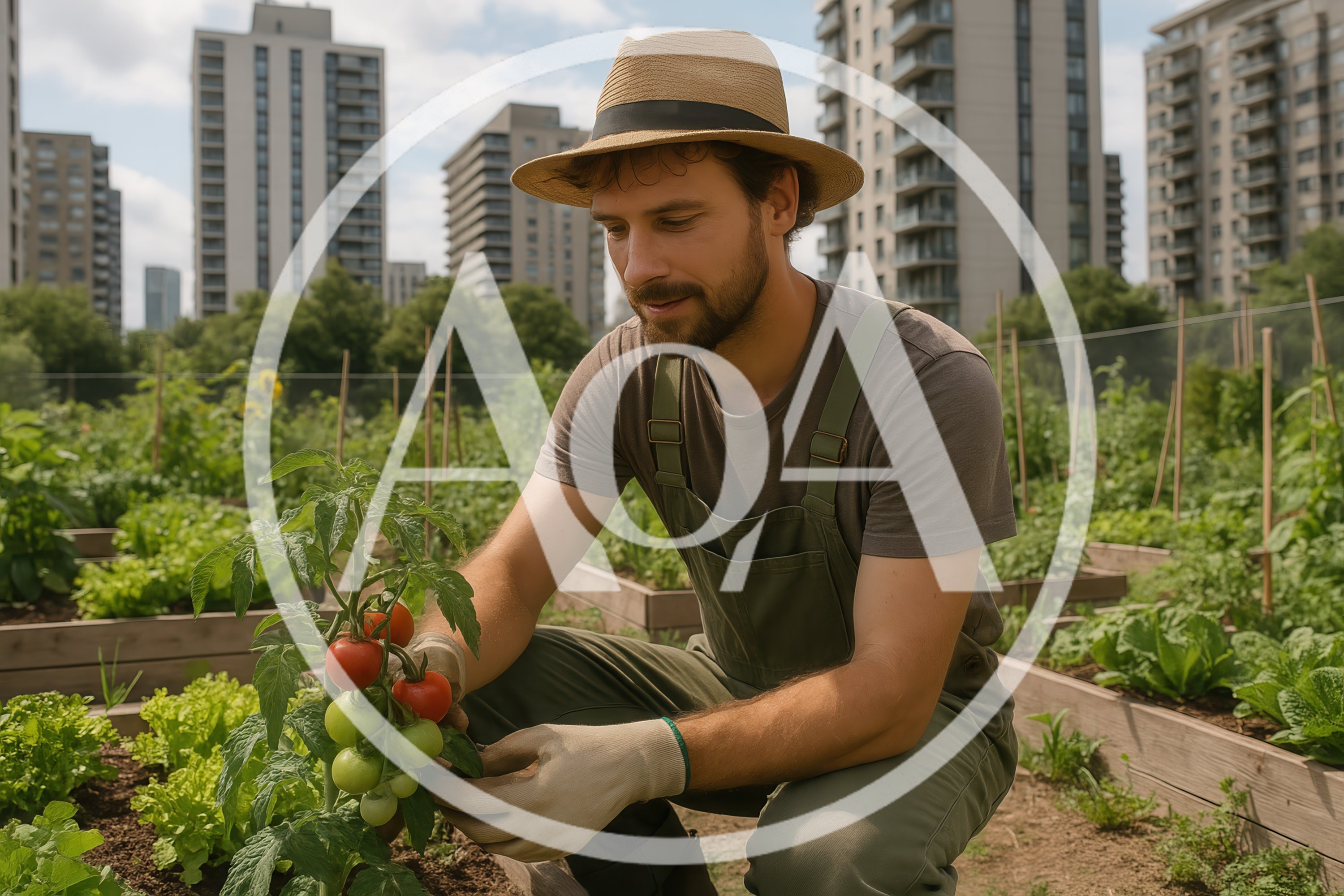 Young Man Gardening Tomatoes In Urban Community Garden
