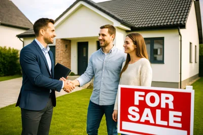 Real Estate Agent Handshaking With Couple In Front Of House