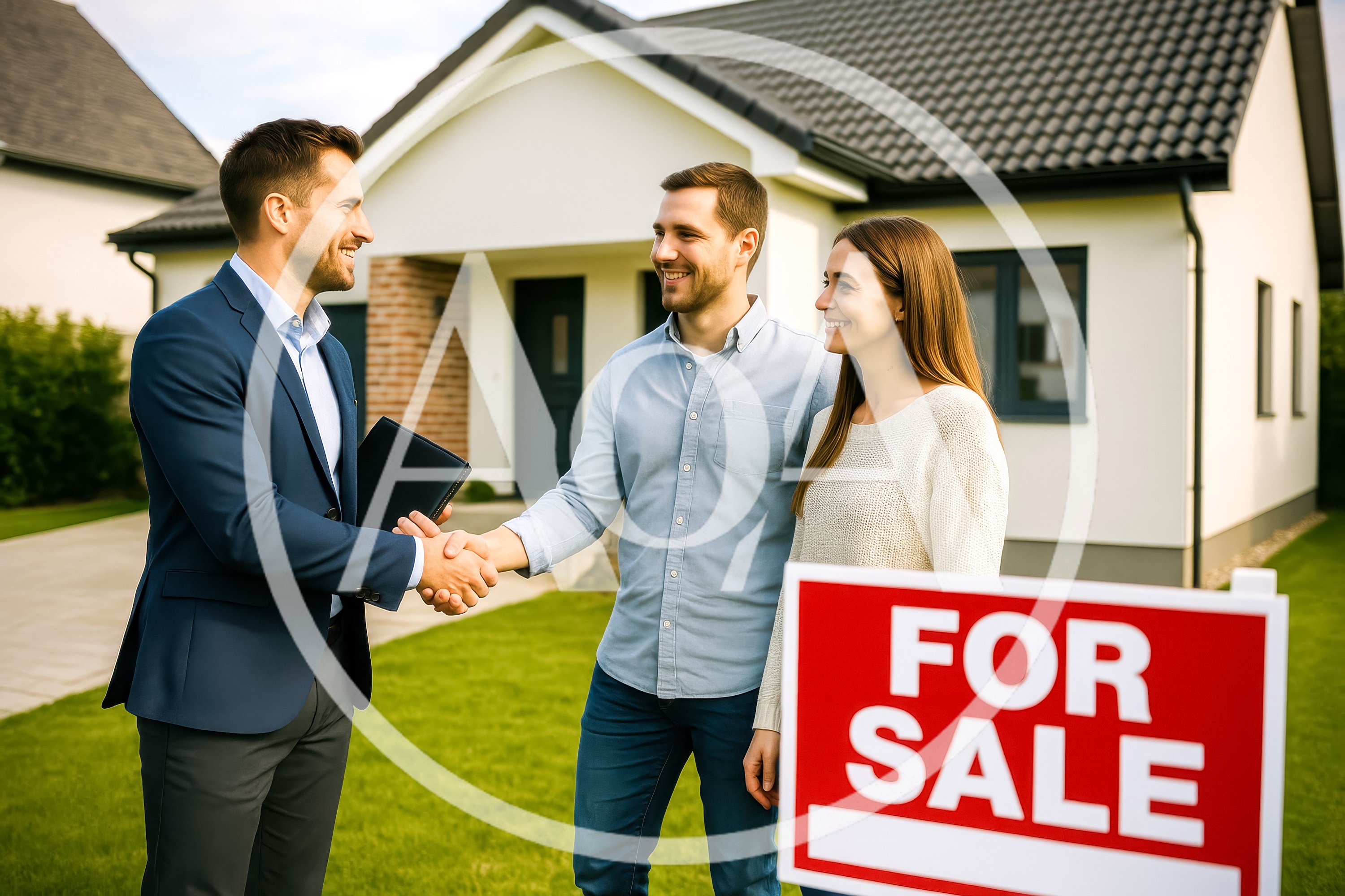 Real Estate Agent Handshaking With Couple In Front Of House