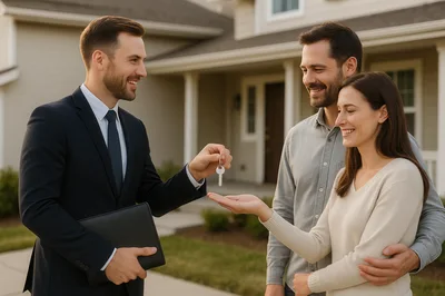 Real Estate Agent Handing House Keys To Couple