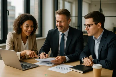 Business Professionals Collaborating On Financial Reports In Office
