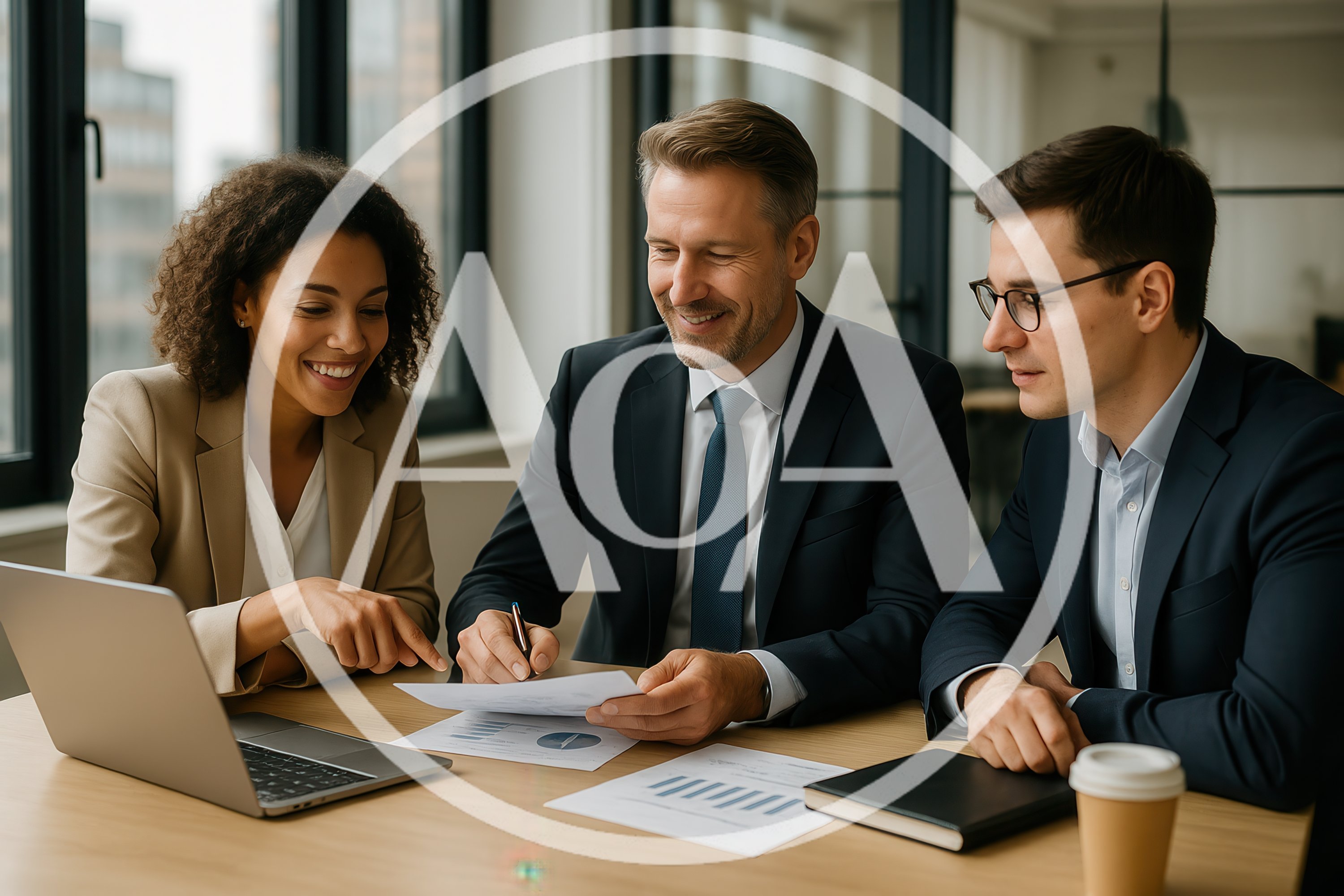 Business Professionals Collaborating On Financial Reports In Office