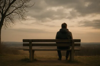 Man Sitting Alone On A Bench Overlooking A Landscape