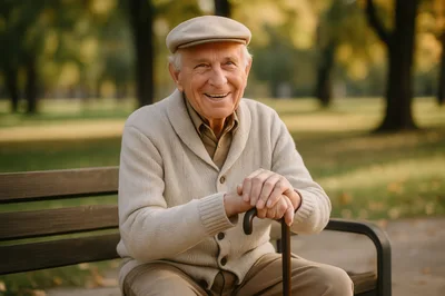Happy Elderly Man Sitting On Park Bench