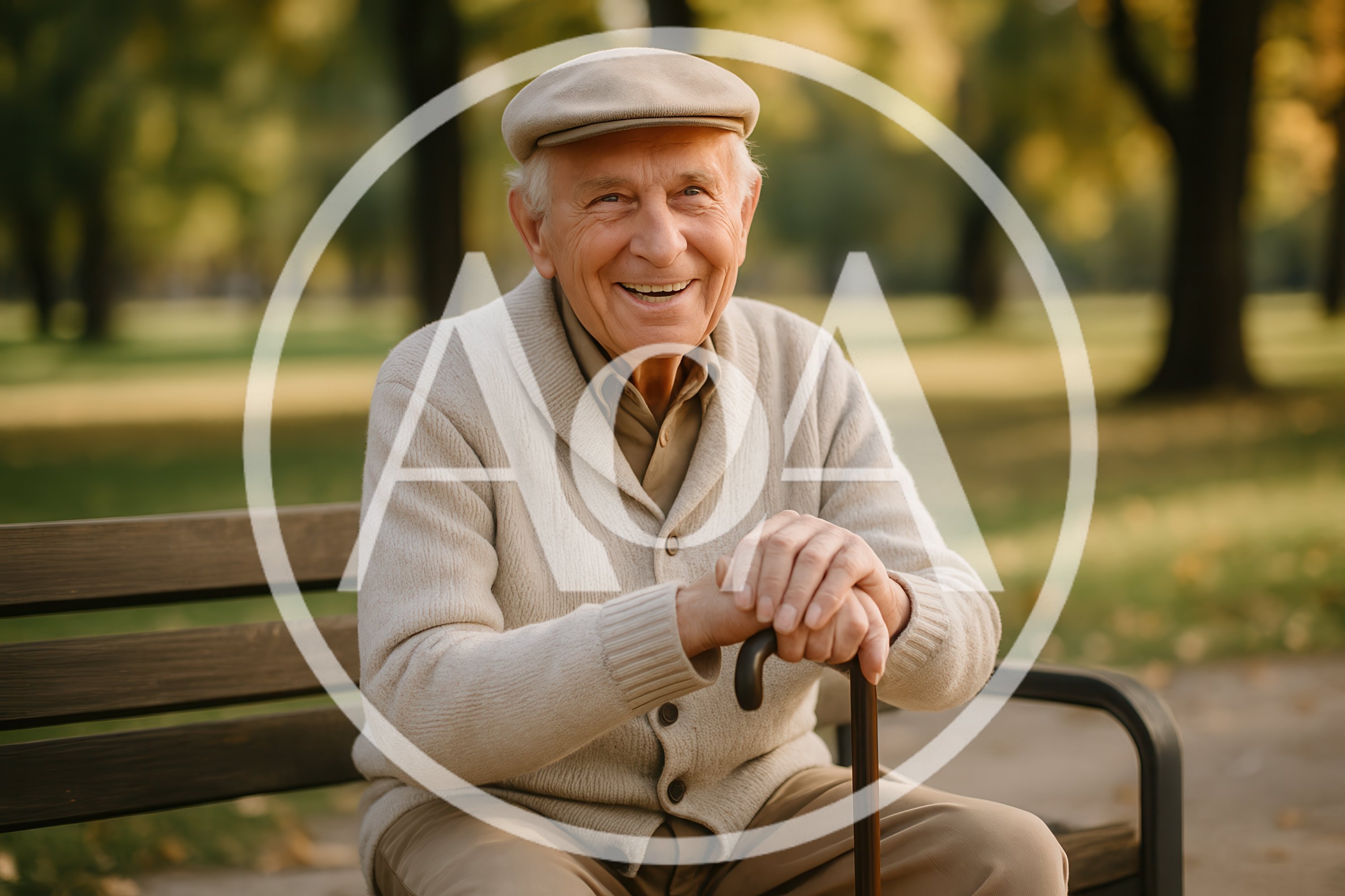 Happy Elderly Man Sitting On Park Bench