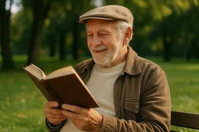 Elderly Man Reading A Book In A Park