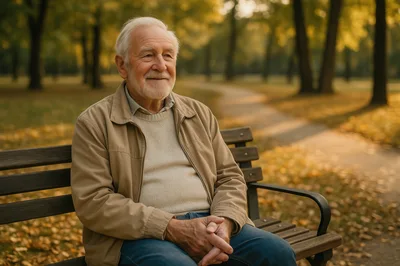 Senior Man Sitting On Park Bench In Autumn