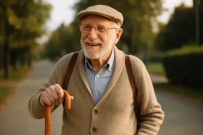 Elderly Man Walking With Cane In Park