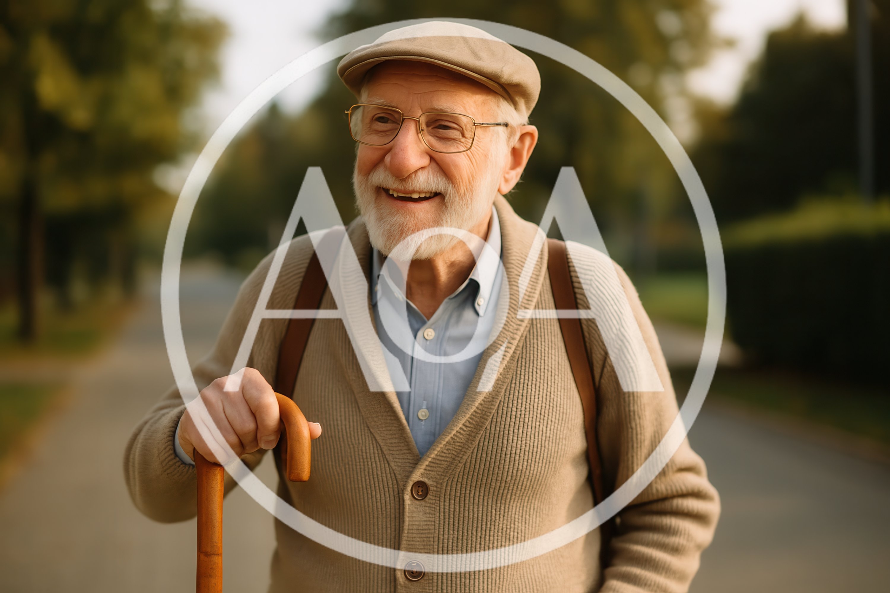 Elderly Man Walking With Cane In Park