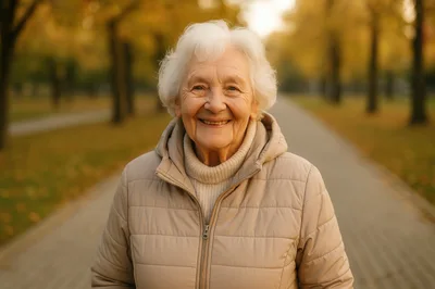 Portrait Of A Smiling Elderly Woman In Autumn Park