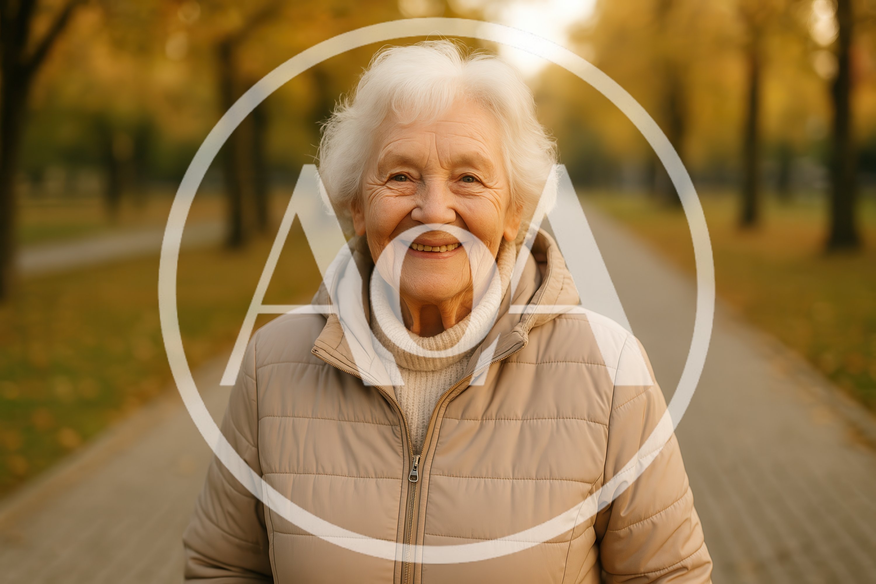 Portrait Of A Smiling Elderly Woman In Autumn Park