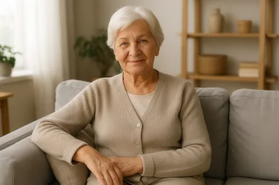 Portrait of a Smiling Senior Woman Sitting on Sofa