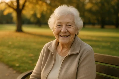 Smiling Elderly Woman Sitting On A Park Bench
