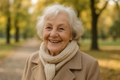 Portrait Of A Smiling Elderly Woman In Autumn Park