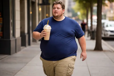 Overweight Man Walking Down City Sidewalk With Iced Coffee