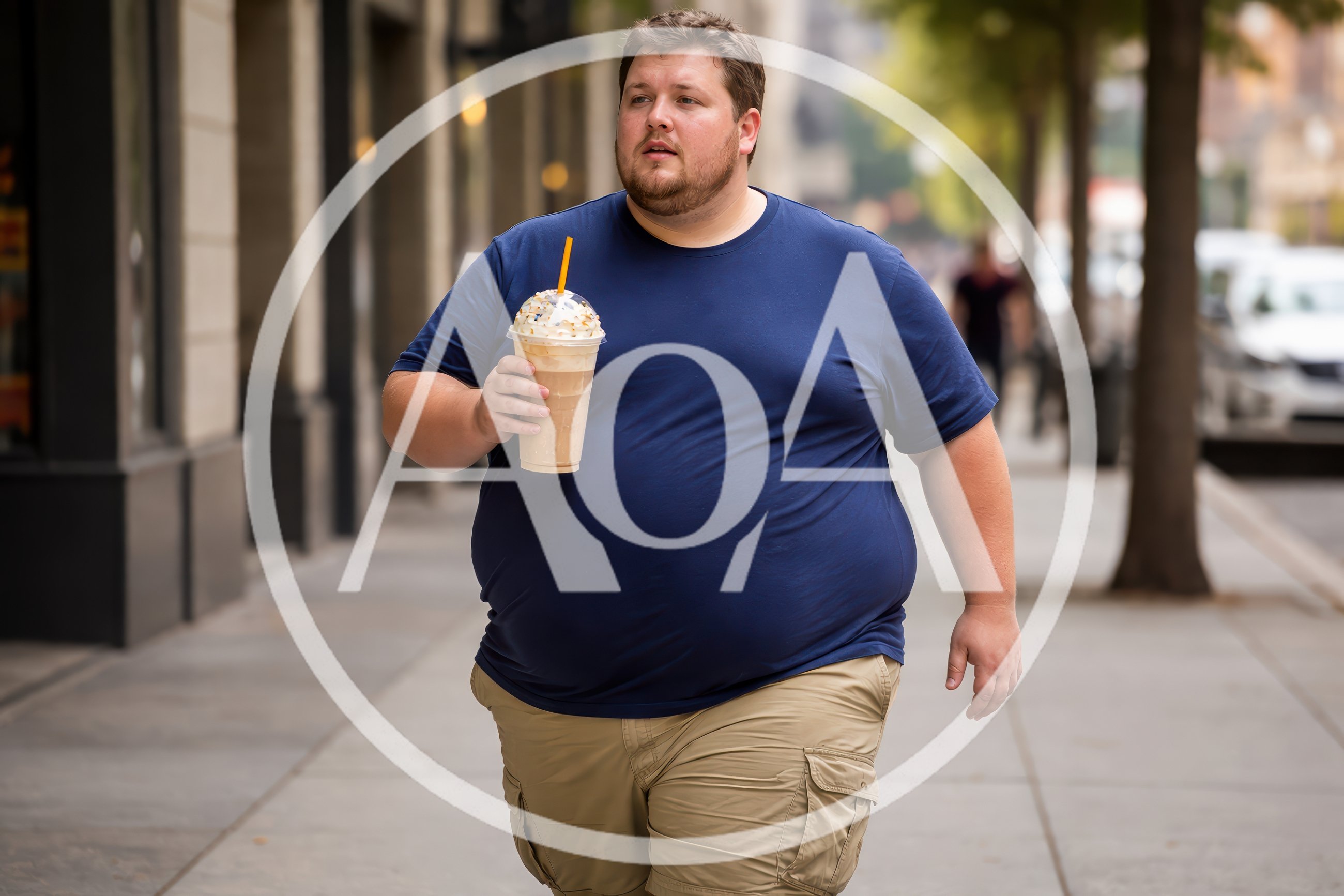 Overweight Man Walking Down City Sidewalk With Iced Coffee