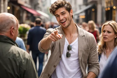 Handsome Man Pointing At Camera In Busy City Street