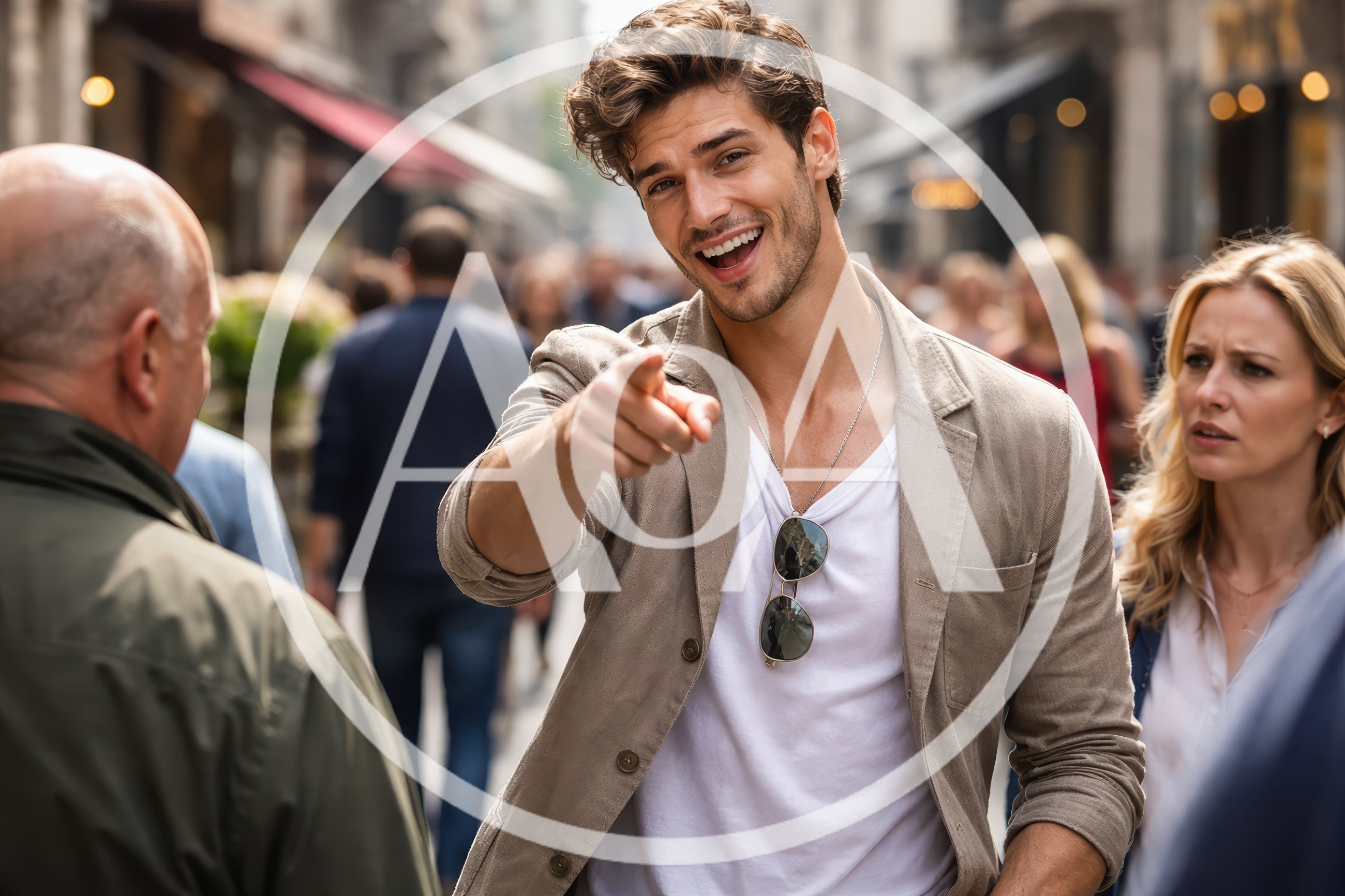 Handsome Man Pointing At Camera In Busy City Street