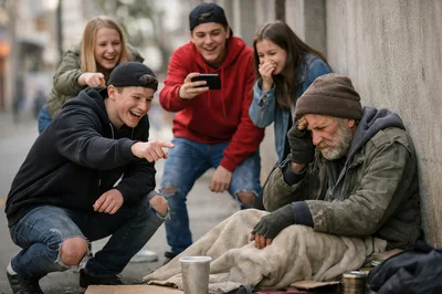 Group of Teenagers Mocking a Homeless Man