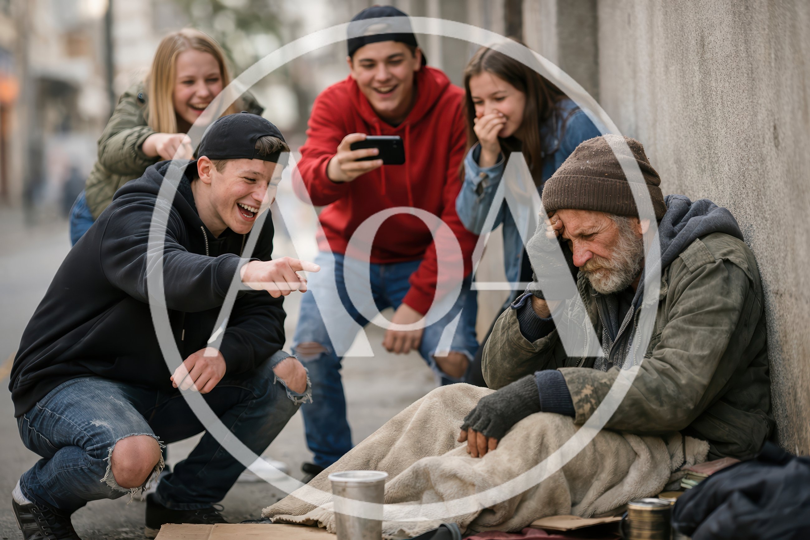 Group of Teenagers Mocking a Homeless Man