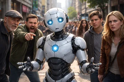Angry Crowd Confronting A Humanoid Robot In City