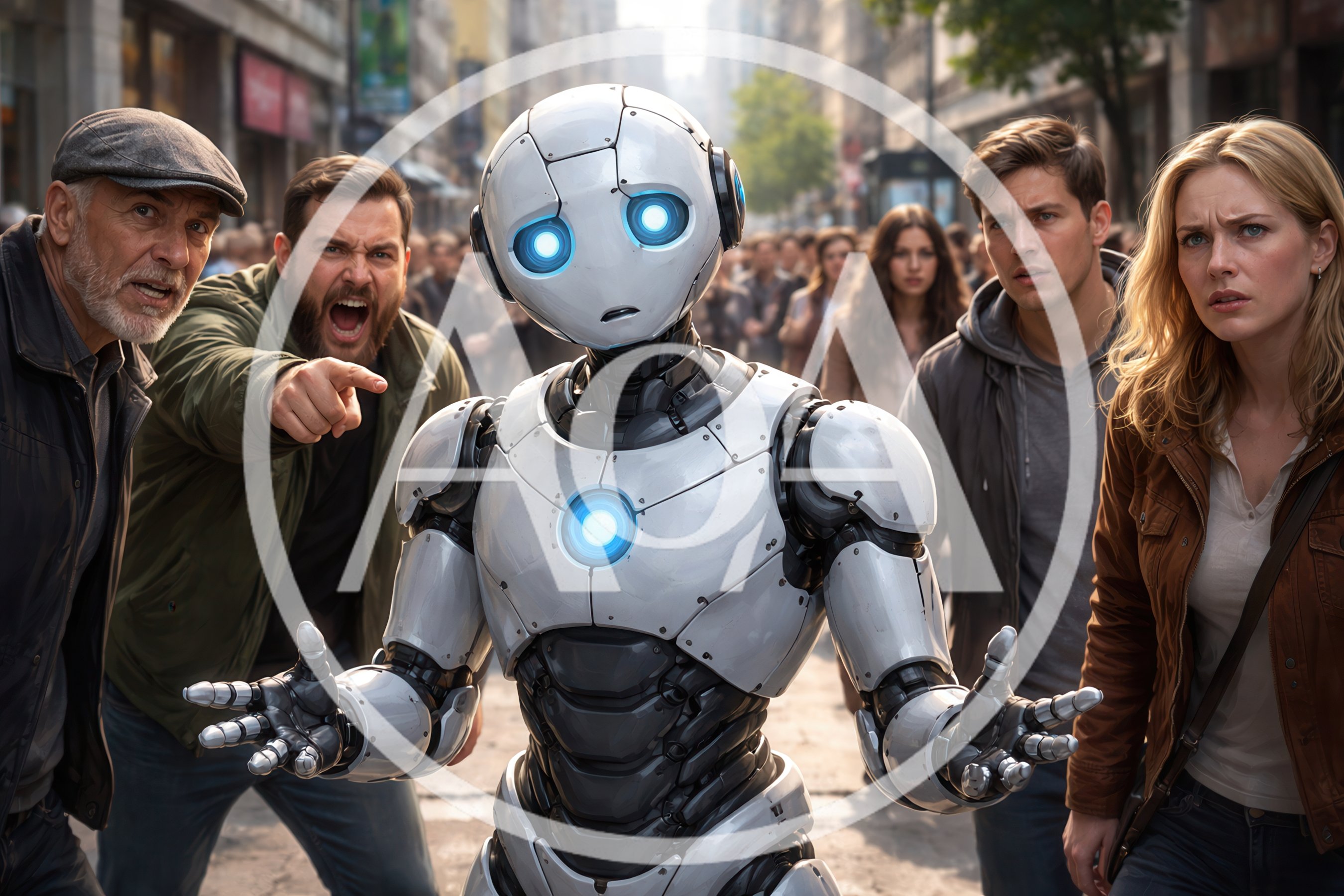 Angry Crowd Confronting A Humanoid Robot In City