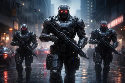 Three Futuristic Armored Soldiers Patrolling A Rainy City Street