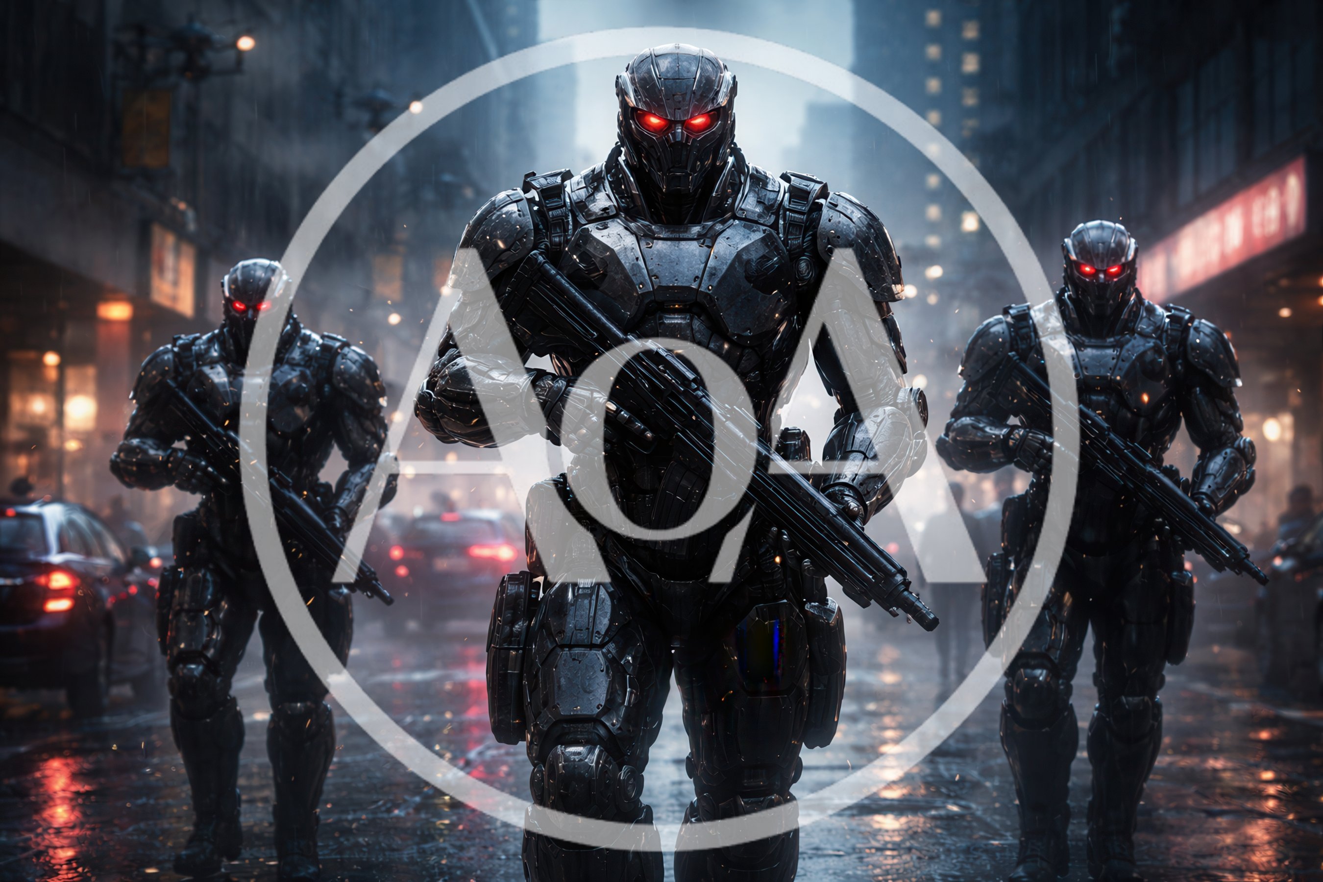 Three Futuristic Armored Soldiers Patrolling A Rainy City Street