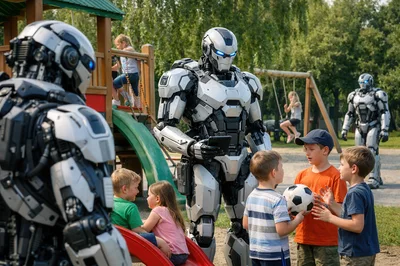 Futuristic Robotic Soldiers Interacting With Children At Playground
