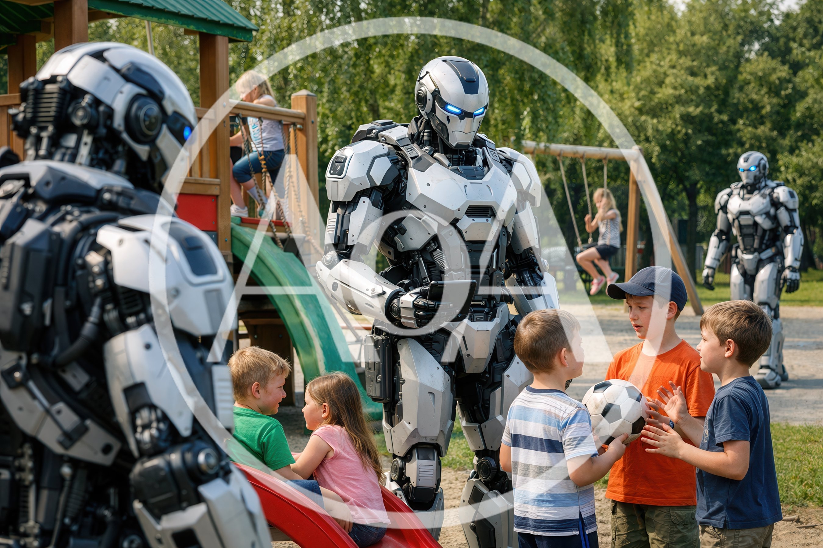 Futuristic Robotic Soldiers Interacting With Children At Playground