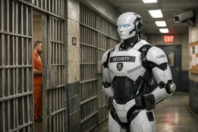 Futuristic Security Robot Guarding A Prison Cell Block