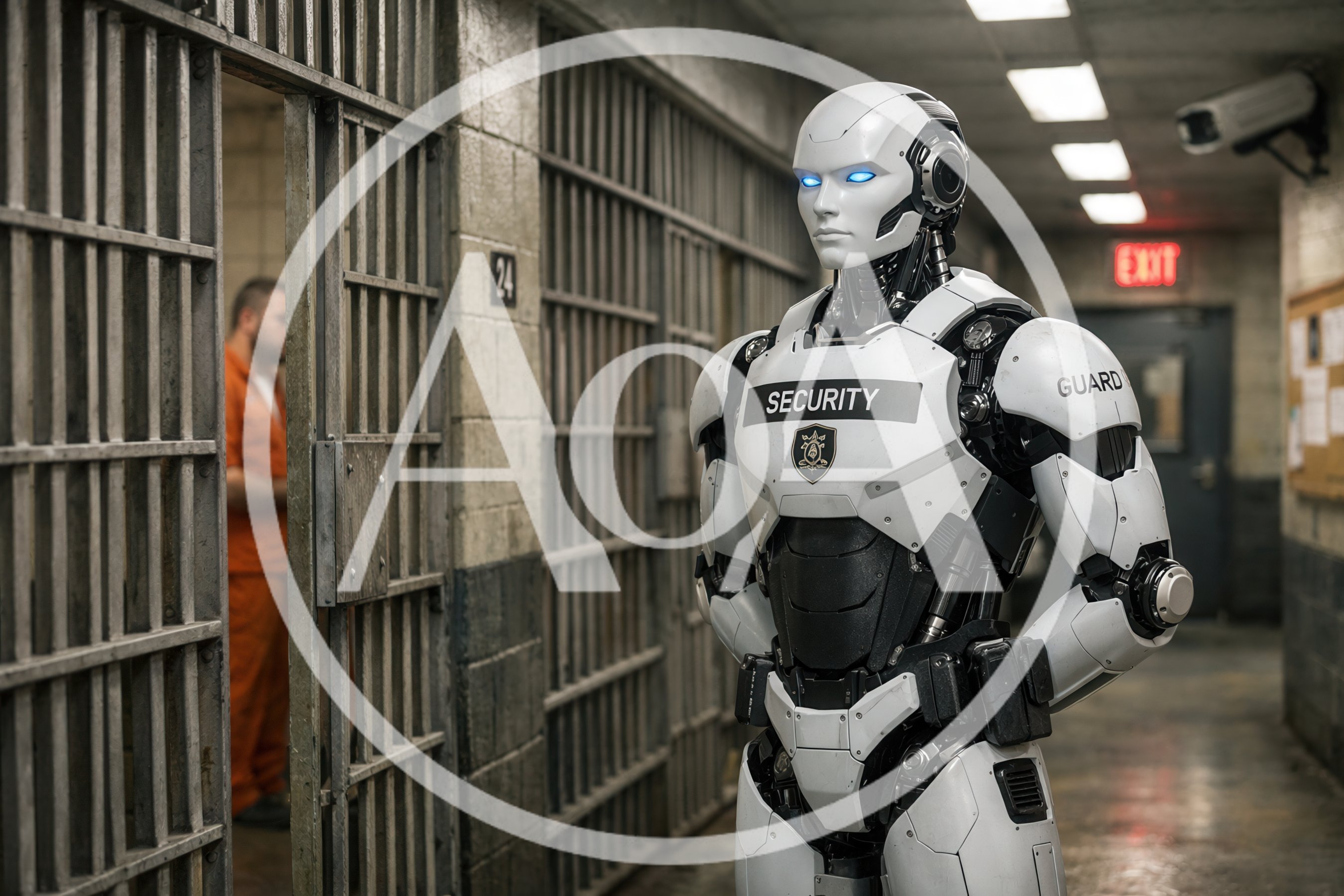 Futuristic Security Robot Guarding A Prison Cell Block