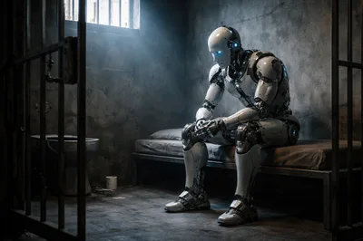 Futuristic Android Sitting Alone In A Dark Prison Cell