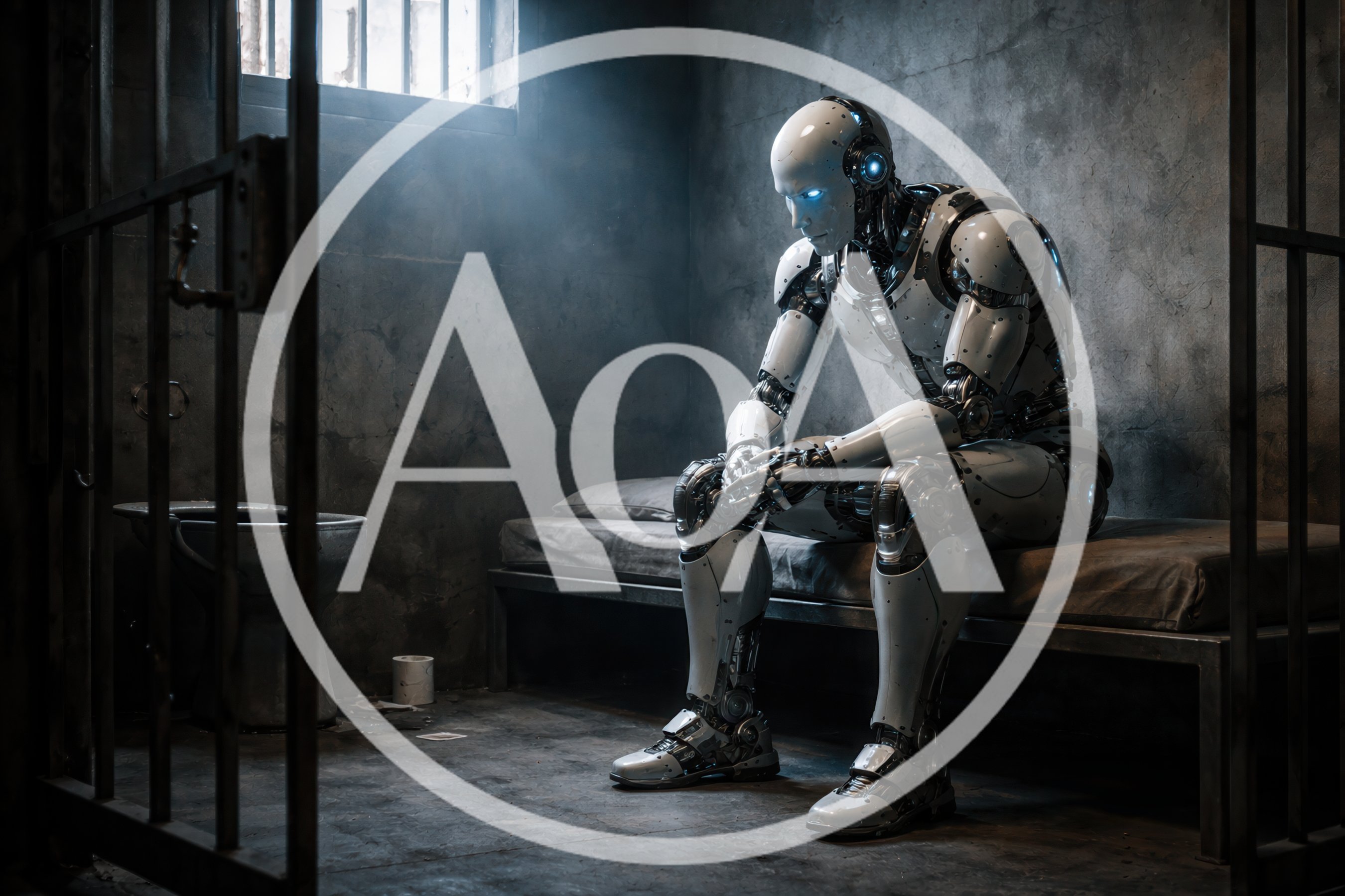 Futuristic Android Sitting Alone In A Dark Prison Cell