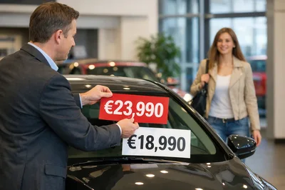 Car Salesman Presenting Price Tag To Customer