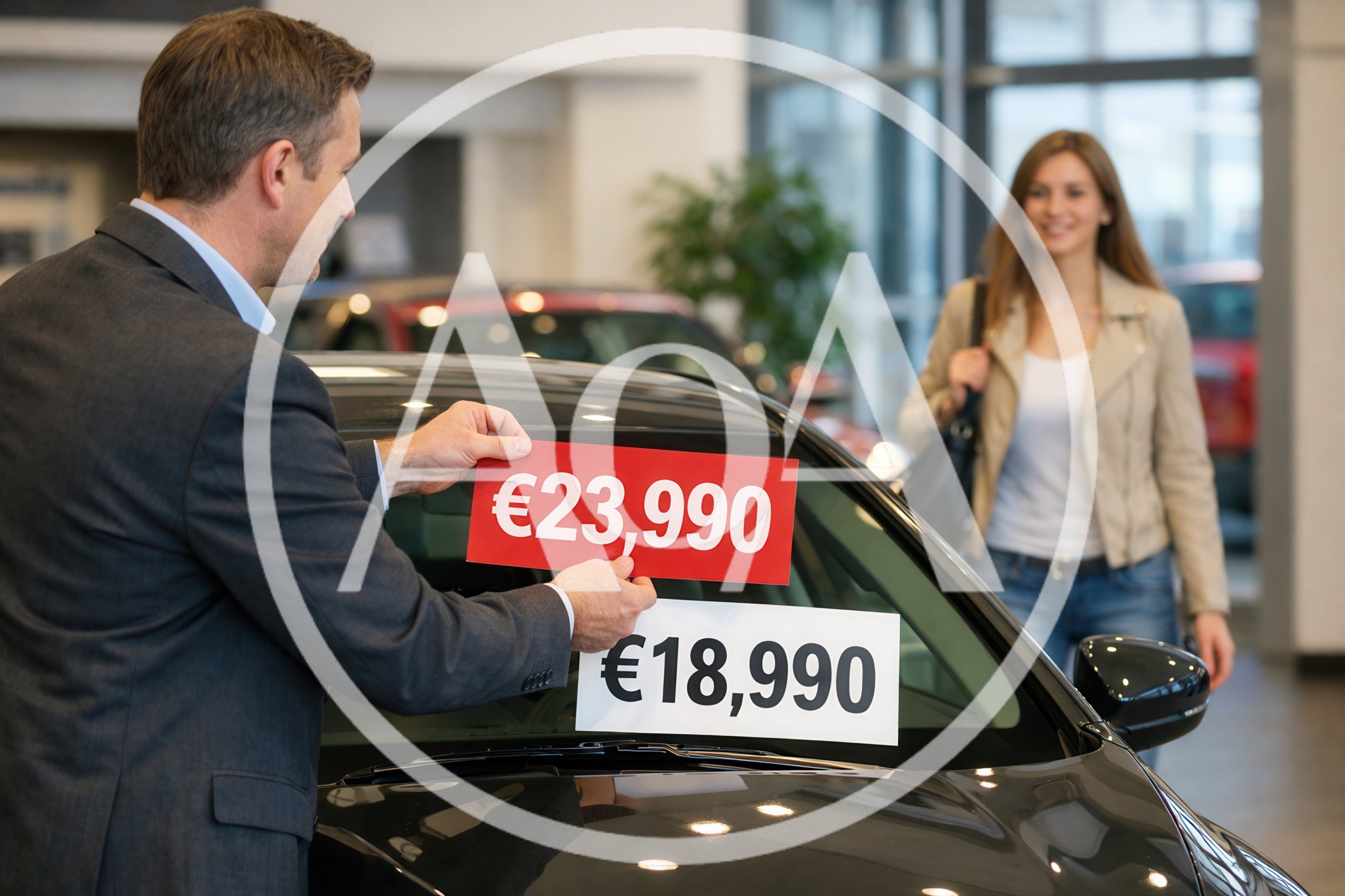 Car Salesman Presenting Price Tag To Customer