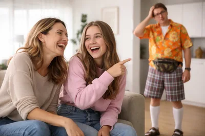 Mother and Daughter Laughing at Man in Funny Outfit