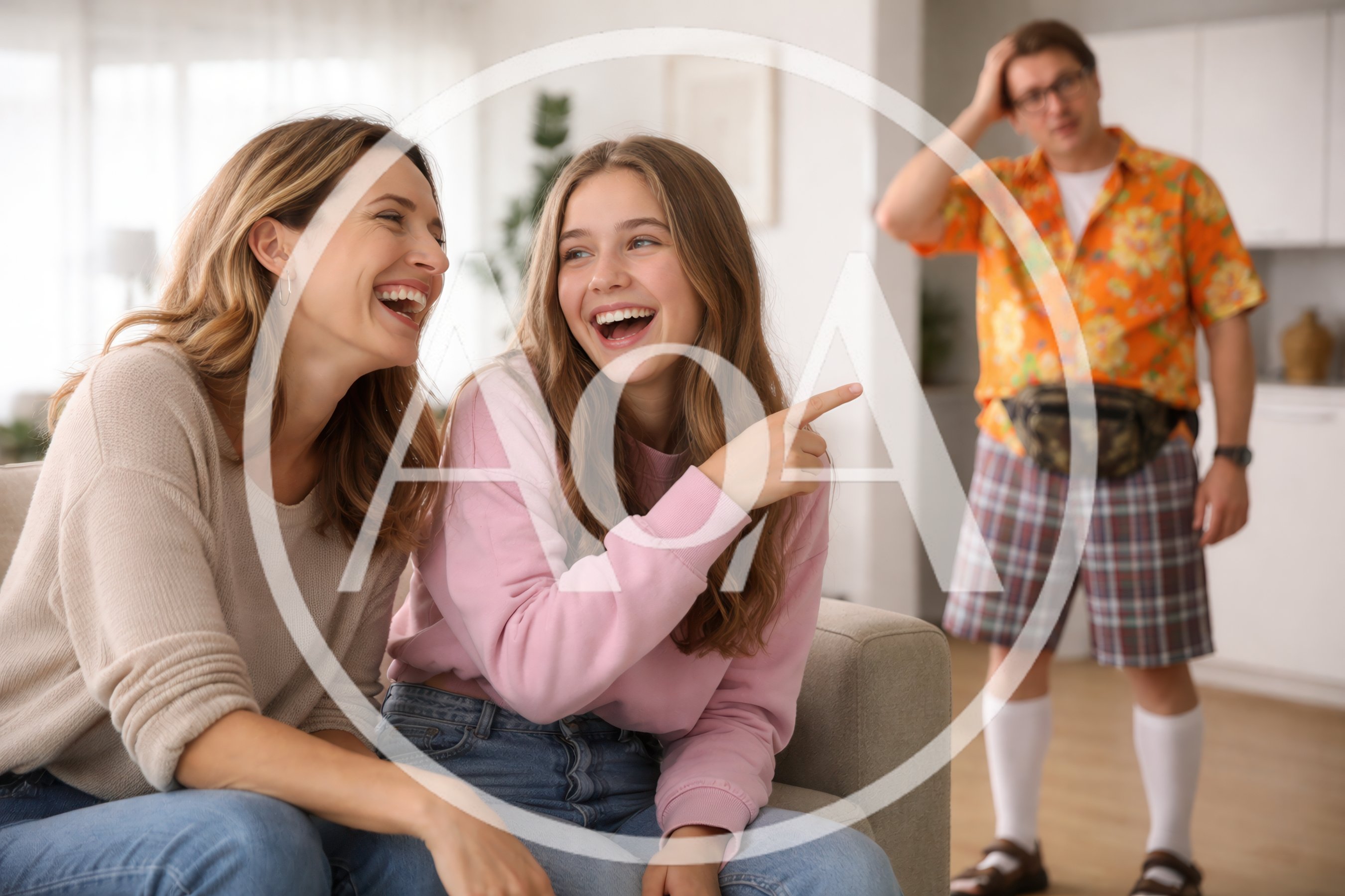 Mother and Daughter Laughing at Man in Funny Outfit
