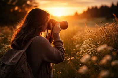 Woman Photographer Capturing Sunset In A Wildflower Meadow