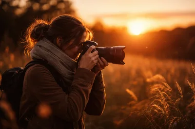 Female Photographer Capturing Sunset In A Golden Field