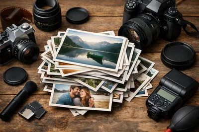 Photographic Equipment And Stack Of Printed Photographs