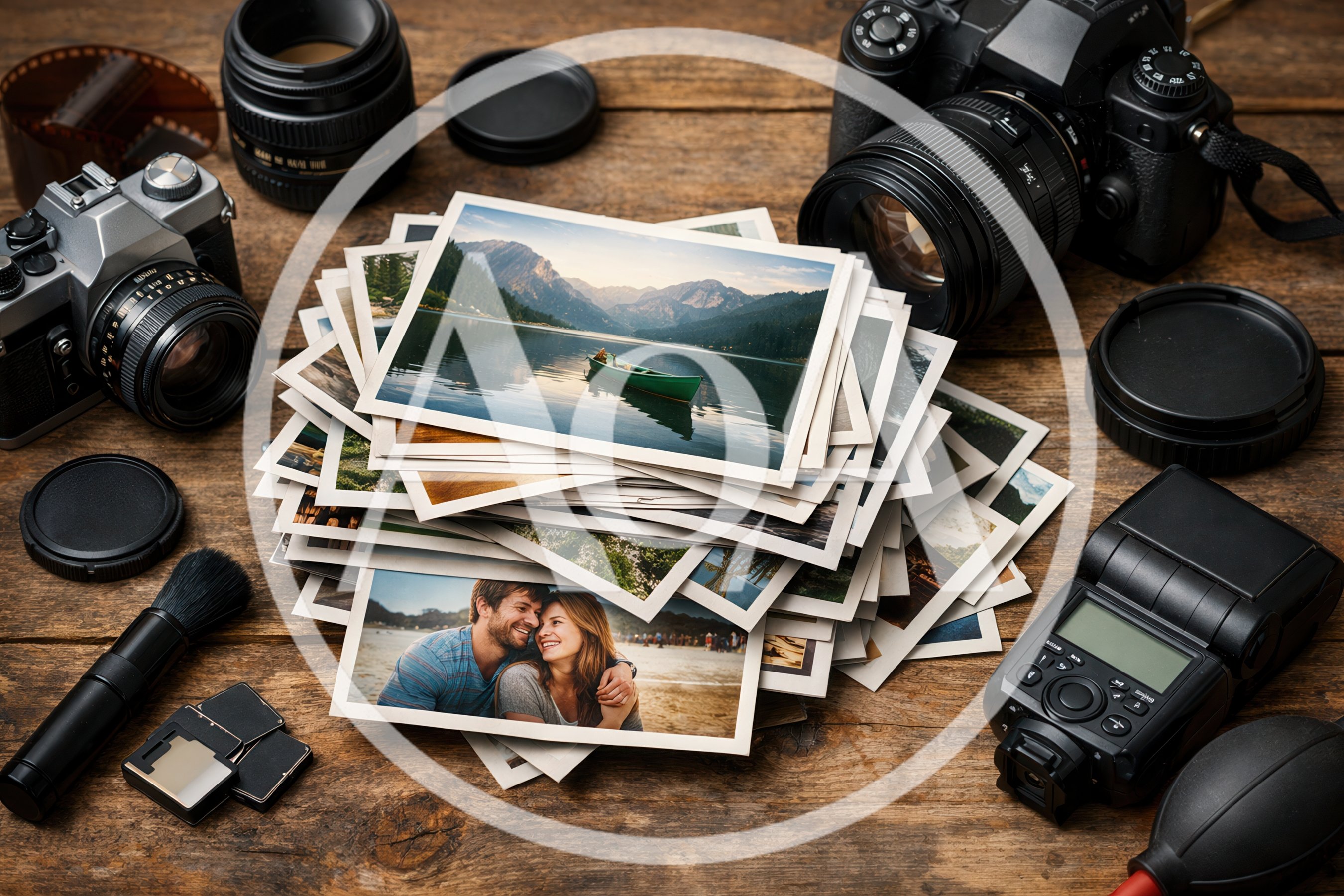 Photographic Equipment And Stack Of Printed Photographs