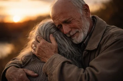 Elderly Couple Embracing During A Golden Hour Sunset