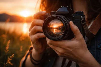 Photographer Holding Camera Capturing Sunset Over Lake