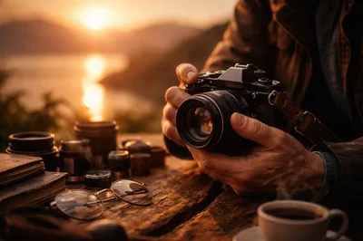 Photographer Adjusting Camera Settings At Sunset