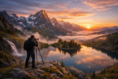 Photographer Capturing Sunrise Over Alpine Mountain Lake