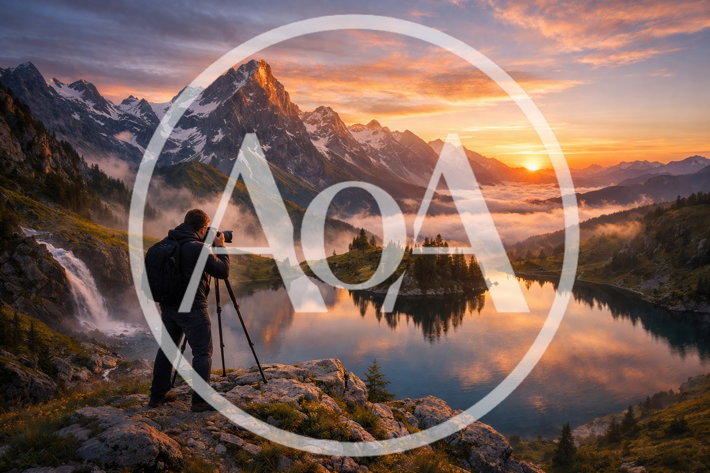 Photographer Capturing Sunrise Over Alpine Mountain Lake