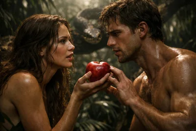 Adam and Eve Holding Forbidden Apple in Garden