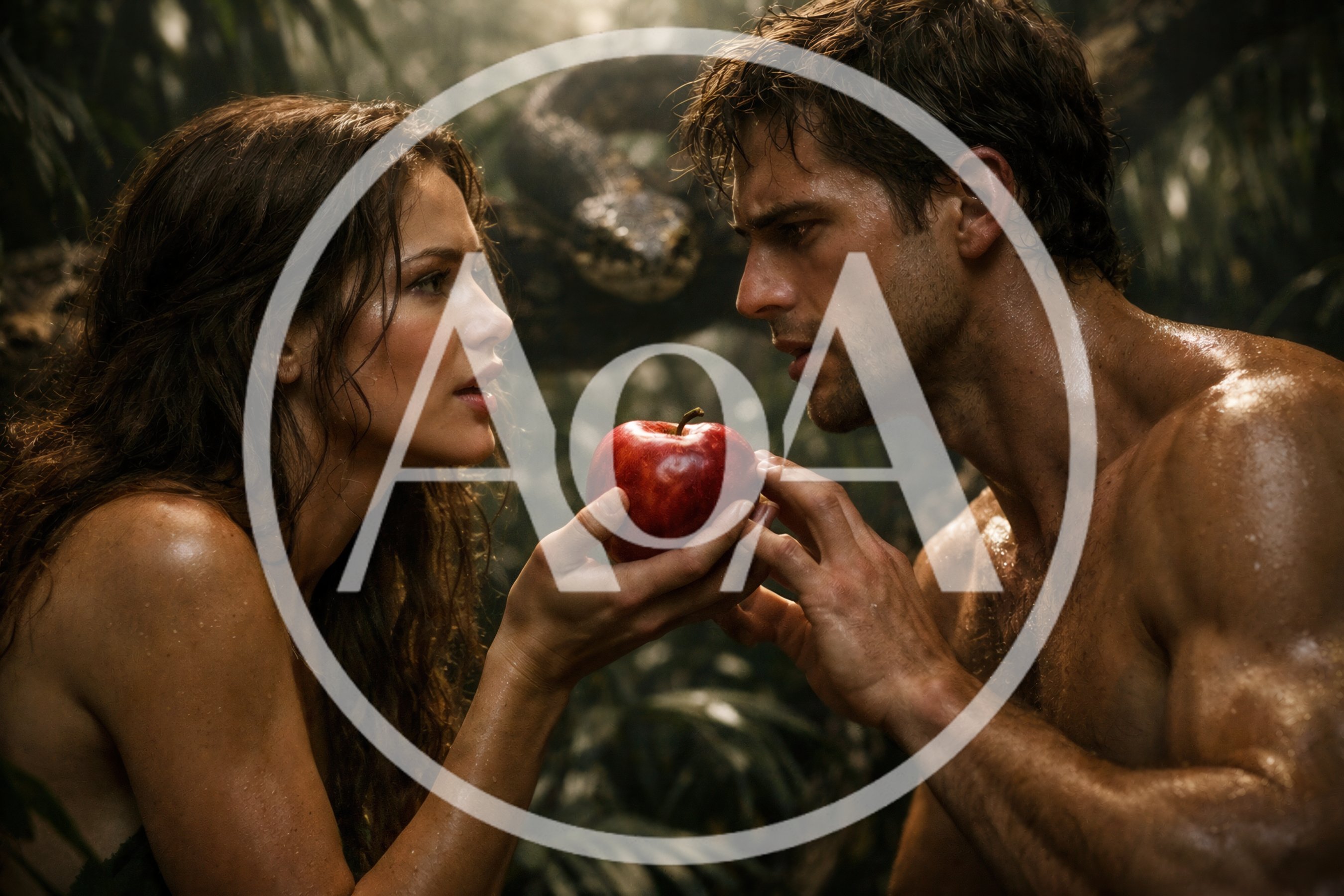 Adam and Eve Holding Forbidden Apple in Garden